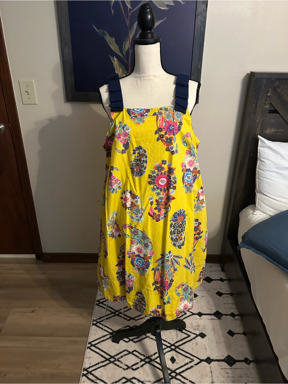 Maeve Yellow Floral Midi Dress with Navy Straps